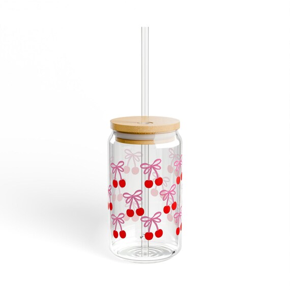 Cute Cherry Print Sipper Glass, 16oz Drinkware, Summer Party Decor, Gift for Girls, Eco-Friendly Hydration, Kitchen Accessories