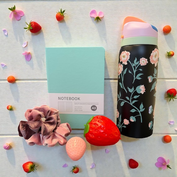 Strawberry Gift Set: Water Bottle, Journal, Squishy, Scrunchies