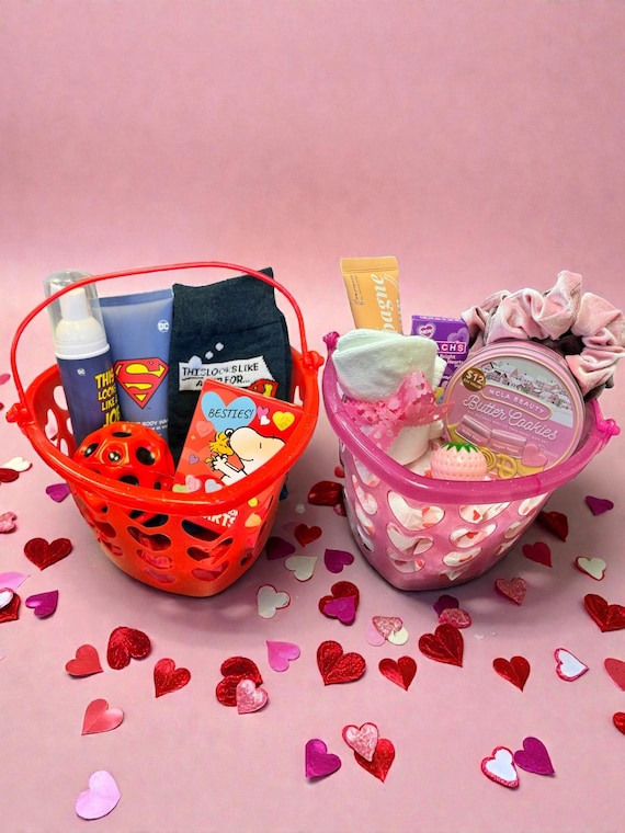 Valentine Gift Basket Bundle for Kids | Superman Basket + Heart Basket | Sibling Valentine Set | Same Day Shipping