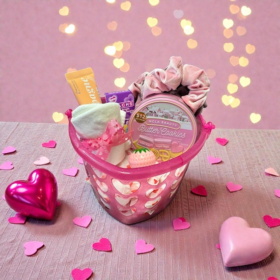 Valentine's Day Gift Basket | Heart Basket, Cozy Socks & Lip Care