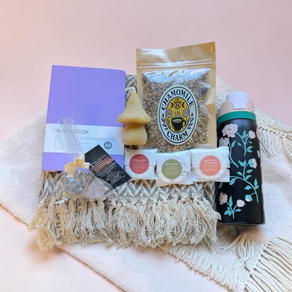 Cozy Self-Care Gift Box for her, Blanket, Tea, Tumbler, Notebook