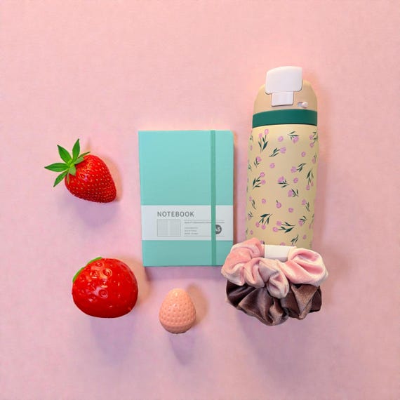 Strawberry Self Care Gift Box – Water Bottle, Journal, Lip Balm, Squishy, Scrunchies
