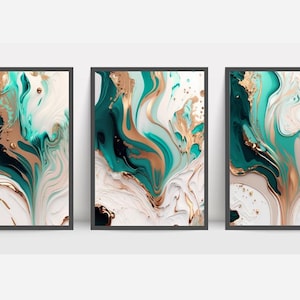 Turquoise & Gold Abstract Art Prints: Set of 3 (Digital Download)