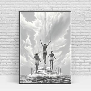 Black and White Sailboat Art Print: Yachting Summer Scene (Digital Download)