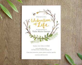 Bee Floral Celebration of Life Invitation Printable for a Funeral or Memorial