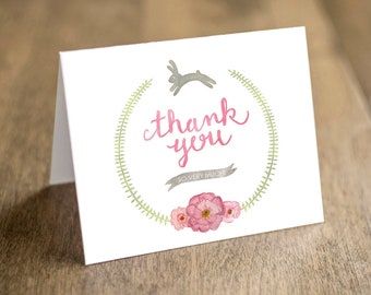 Bunny Rabbit Thank You Note Card Printable with Watercolor Florals and Greenery