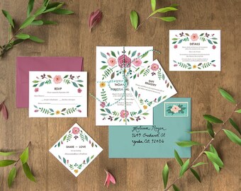 Botanical Garden Wedding Invitation Suite with Watercolor Florals and Greenery