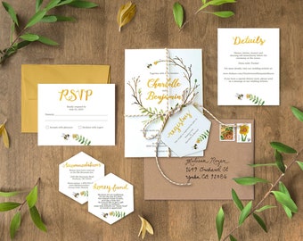 Floral Bee Wedding Invitation Suite with Watercolor Greenery Wreath in yellow and green