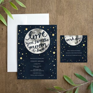 Te amo DOS la invitación de la fiesta de cumpleaños de la luna y la espalda imprimible para un segundo cumpleaños del espacio neutral en cuanto al género