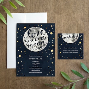 Te amo hasta la luna y la invitación a la fiesta de cumpleaños imprimible para un primer cumpleaños en un espacio neutral en cuanto al género