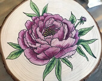 Pink Peony Original Illustration on Wood Painted with Ink Purple /Mauve Flower