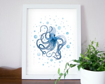 Octopus and Bubbles Printable Wall Art / Watercolor Painting