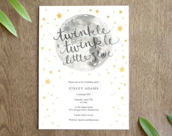 Twinkle Twinkle Little Star Birthday Party Invitation Printable for a Gender Neutral Space First Birthday