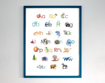 Nature Alphabet Poster / Science ABC Art Digital Printable with Colorful Watercolor illustrations in Sans Serif Font