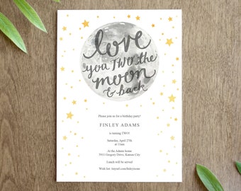 Love you TWO the Moon and Back Birthday Party Invitation Printable for a Gender Neutral Space Second Birthday