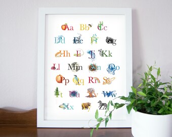 Nature Alphabet Poster / Science ABC Art Digital Printable with Short Sounds and Watercolor illustrations in Serif Font