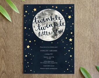 Twinkle Twinkle Little Star Birthday Party Invitation Printable for a Gender Neutral Space First Birthday