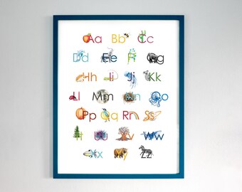 Nature Alphabet Poster / Science ABC Art Print with Colorful Watercolor illustrations in Sans Serif font