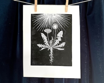 Black on White Dandelion in the Sun Original Linocut Print - Botanical Wall Art