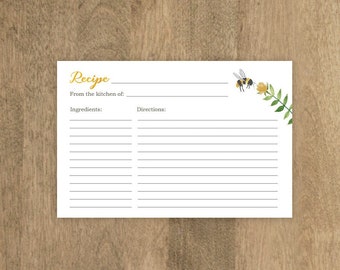 Floral Bee Recipe Card for a Bridal Shower or Wedding Printable file