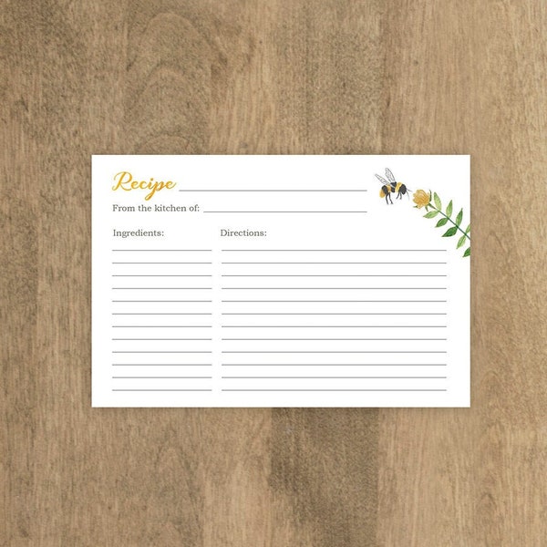 Floral Bee Recipe Card for a Bridal Shower or Wedding Printable file