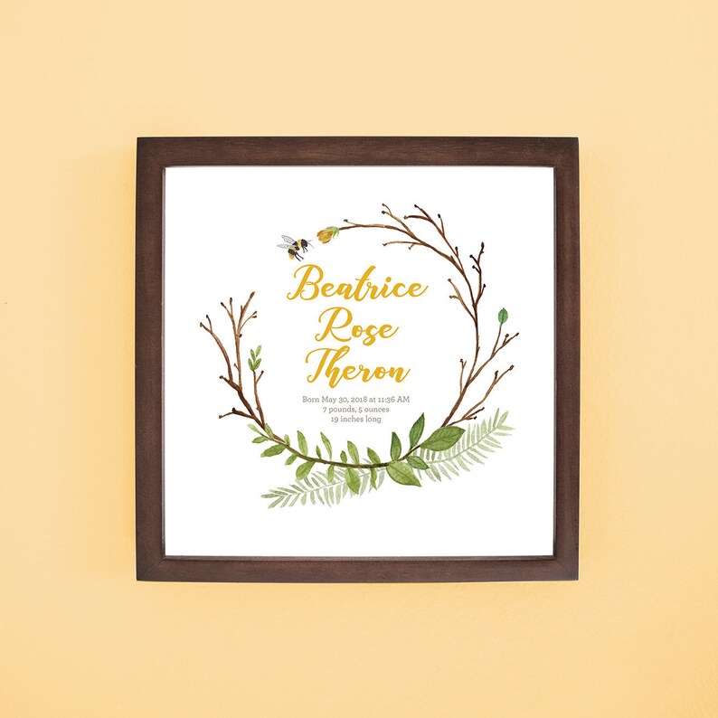 Bee Baby Name and Birth Stat Custom Nursery Art Printable with Greenery Wreath and Yellow Script image 1