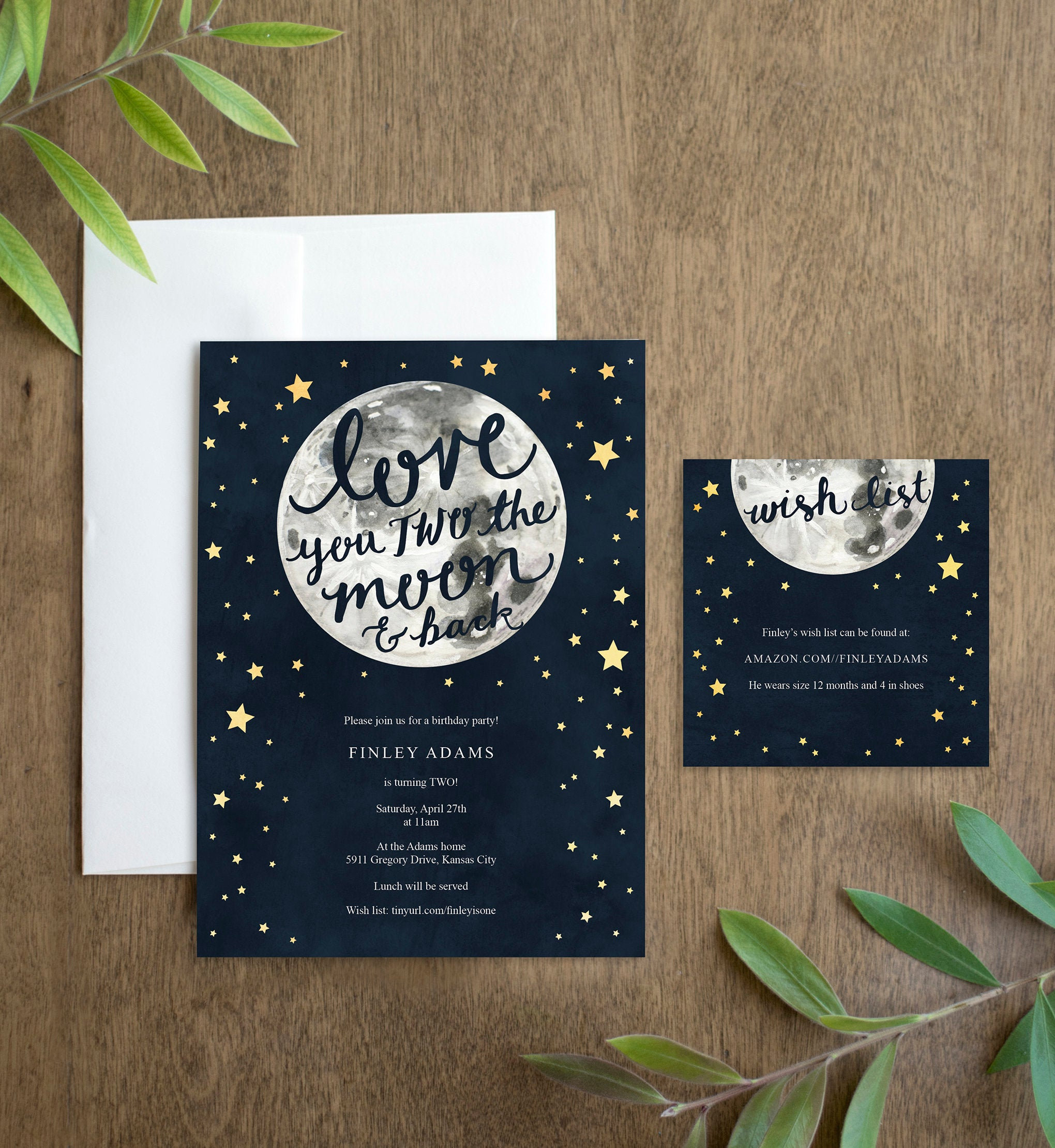 Love you TWO the Moon and Back Birthday Party Invitation Printable for a Gender Neutral Space Second Birthday