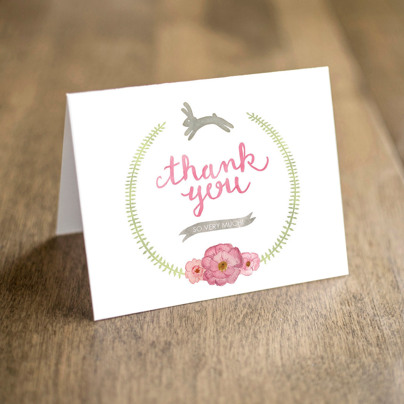 Bunny Rabbit Thank You Note Card Printable with Watercolor Florals and Greenery