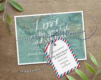 Love is the Greatest Adventure Bridal Shower Invitation Printable with Luggage Tag for a Travel theme party