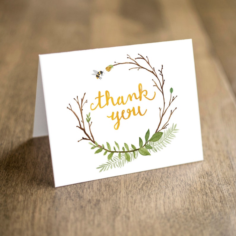 Bee Thank you Note Card with Greenery Wreath and Yellow Calligraphy image 1