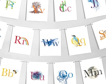 Nature / Science Alphabet Banner Printed ABC with Colorful Watercolor Art / Illustrations in Serif font