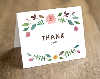 Botanical Thank you Note Card with Watercolor Greenery and Florals