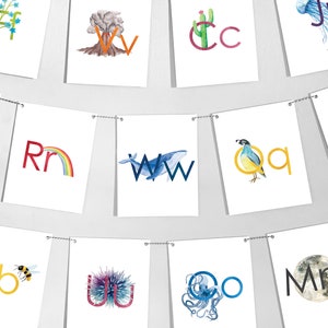 Nature / Science Alphabet Banner Printed ABC with Colorful Watercolor Art / Illustrations in Sans Serif font