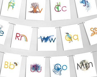 Nature / Science Alphabet Banner Printed ABC with Colorful Watercolor Art / Illustrations in Sans Serif font