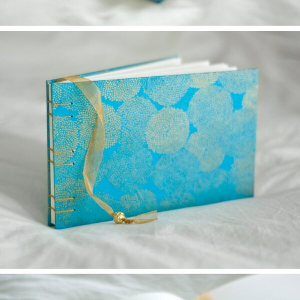 Peacock blue mums guest book gold turquoise wedding album