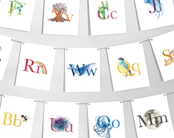 Nature / Science Alphabet Banner ABC Digital Printables with Colorful Watercolor Art / Illustrations