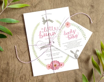 Bunny Rabbit Baby Shower Invitation Printable with Watercolor Greenery, Florals and Calligraphy