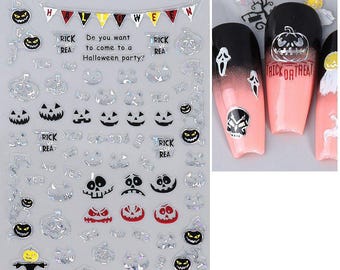 Halloween Laser Silver Nail Art Stickers Pumpkin Scarecrow Jack O Lantern Ghost Spider Web Bats Black Tree Self Adhesive Nail Decal CKSeries