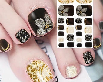 Black Gold Flower Toe Nail Art Wrap Stickers: Swirl Ripple Gold Foil Marble  Diamond - Etsy