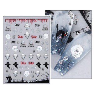 May include: Halloween-themed nail art stickers and decorated acrylic nails. The stickers feature skulls, ghosts, crossbones, and the word "Boo!" in red. The acrylic nails are decorated with glitter, a black cat, a skull, and a spiderweb.