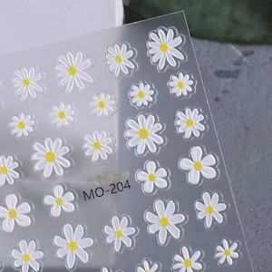 White Daisy 5D Embossed Nail Art Stickers: Moon Cloud Hibiscus Camelia Gardenia Peony Magnolia