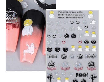 Halloween Laser Silver Pumpkin Nail Art Stickers Scarecrow Jack O Lantern Ghost Spider Web Bats Black Tree Self Adhesive Nail Decal CKSeries