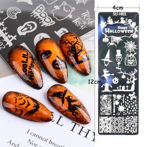 Halloween Nail Stamping Plates Witch Bats Ghost Web Spider Pumpkin Skeleton Boo Spooky Cat Steel Nail Art Decals SUHSeries