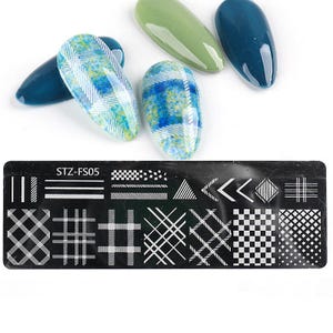 May include: A nail art stamping plate with various geometric patterns and the text "STZ-FS05". Several painted nail tips in shades of blue and green are displayed above the plate, showcasing the potential designs.
