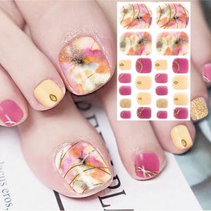 Toenail Pink Marble Toe Nail Art Wrap Sticker Swirl Ripple Gold Foil Diamond Stars Black Flora Self Adhesive Nail Art  Decals FHSeries
