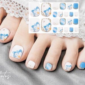 Daisy Flower Toenail White Blue Toe Nail Art Wrap Sticker Silver Foil Gold Line Yellow Daisy Self Adhesive Nail Art  Decals SJSeries