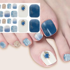 Toenail Navy Blue Toe Nail Art Wrap Sticker Silver Foil Glitter White Flower Self Adhesive Nail Art  Decals J23Series