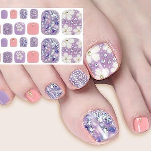Cherry Blossom Toenail Purple Toe Nail Art Wrap Sticker Silver Foil Glitter White Daisy Self Adhesive Nail Art  Decals J23Series