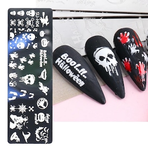 Skull Bone Halloween Nail Stamping Plates Witch Bats Ghost Web Spider Pumpkin Skeleton Boo Spooky Cat Steel Nail Art Decals SUHSeries