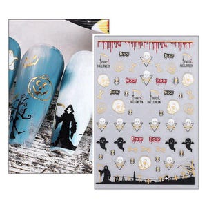 May include: Halloween-themed nail art stickers featuring skulls, ghosts, and the text "BOO!" in gold and white. The stickers also include a grim reaper and a graveyard scene. The image also shows blue and white nail art with gold accents.